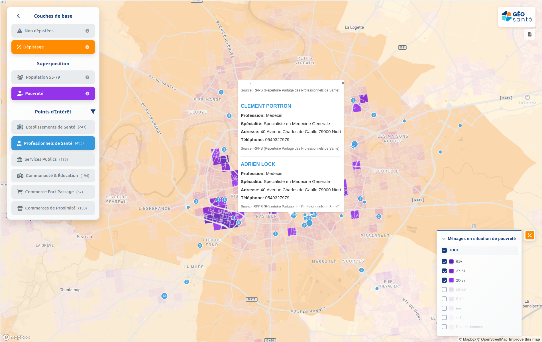 Plateforme web interactive GéoSanté : exploration données santé, superposition couches, zoom territoires CPTS